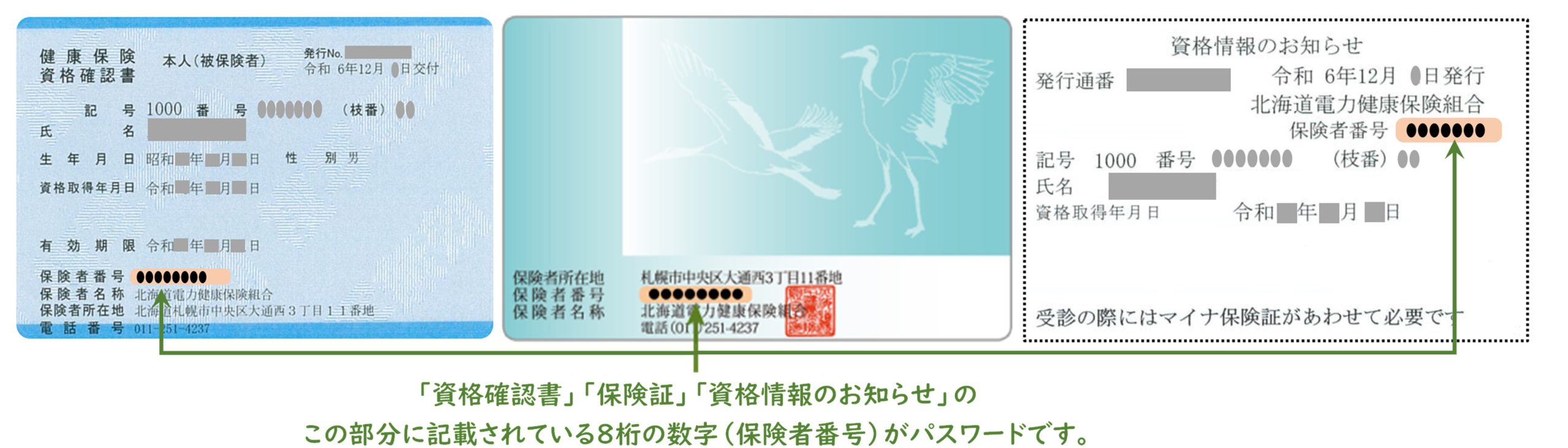 資格確認書・保険証・資格情報のお知らせのこの部分に記載されている8桁の数字（保険者番号）がパスワードです。